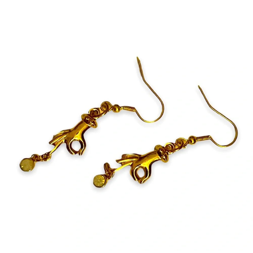 New Artisan Handmade OOAK 9k Gold Quartz Crystal Hand Boho Dangle Earrings